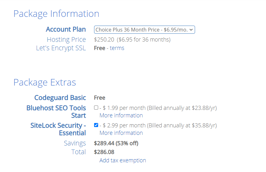 Bluehost package information